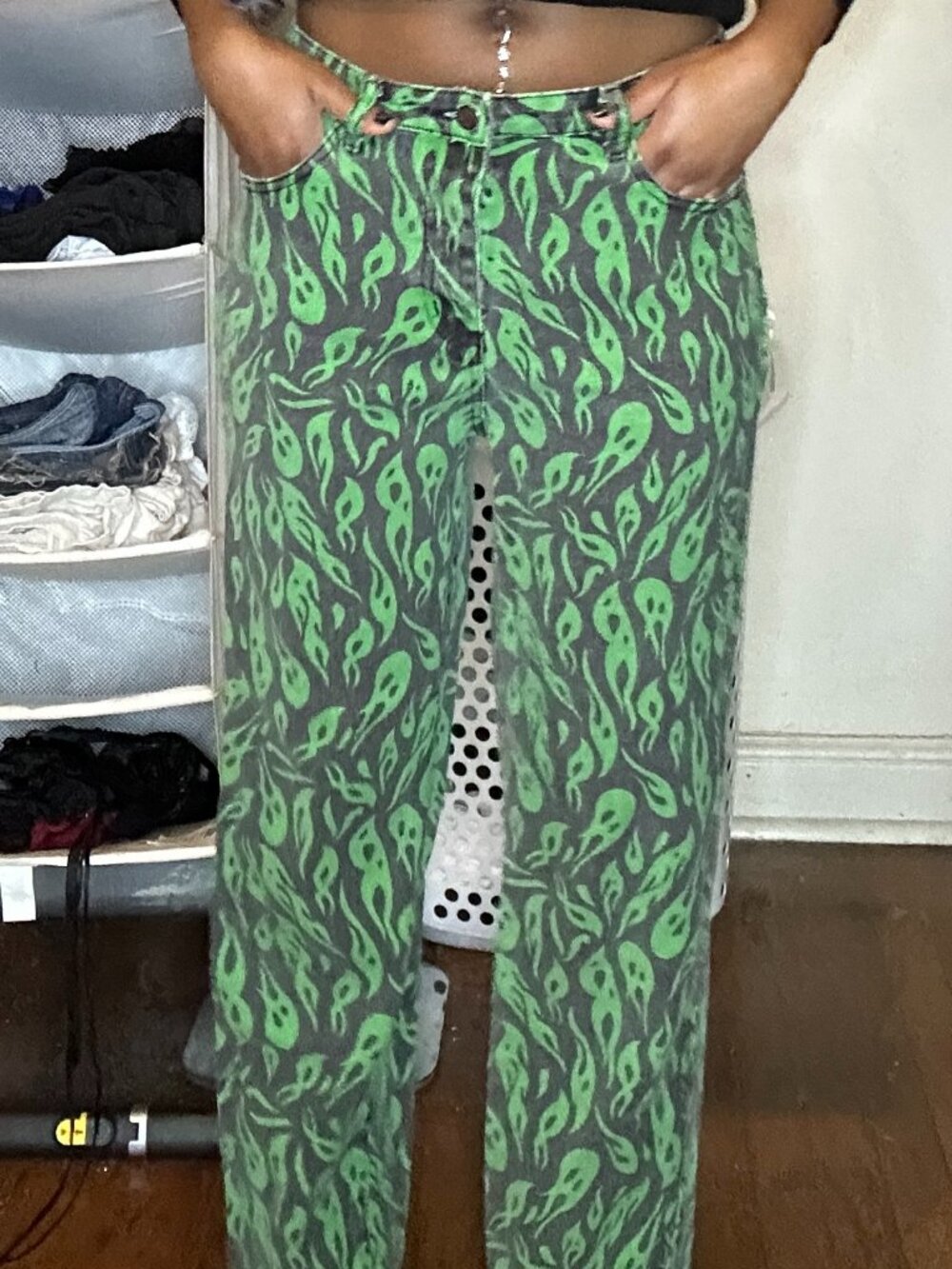 Green Ghost Print Wide- Leg Pants